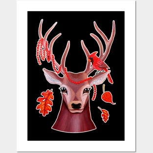 Deer and Cardinal Bird at Fall Posters and Art